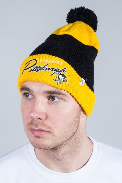 47 BRAND WINTER CAP HUSTLE CUFF KNIT WITH POM POM PITTSBURGH PENGUINS